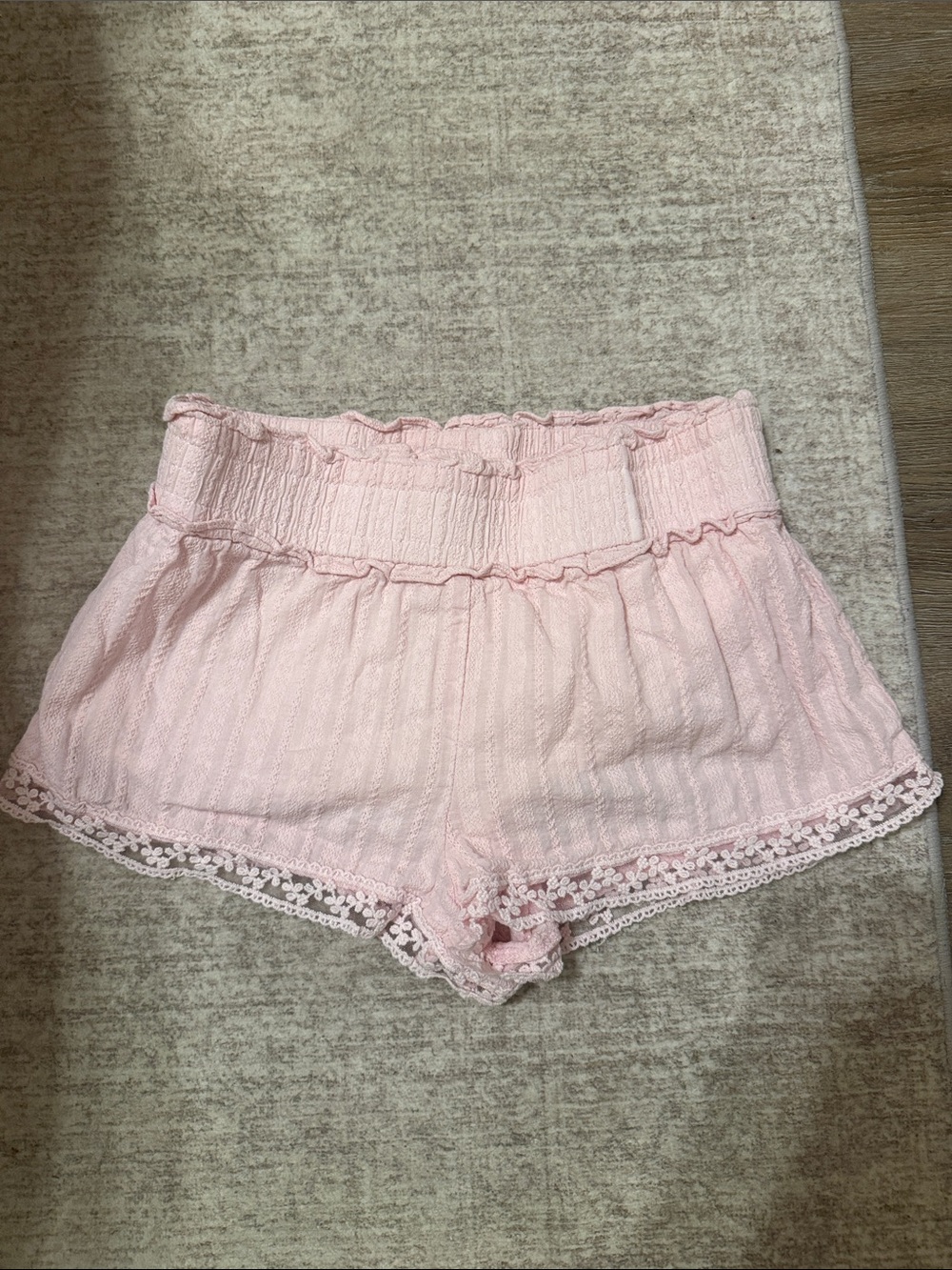 Altar'd State Light Pink Smocked High-Waist Lace-Trim Shorts